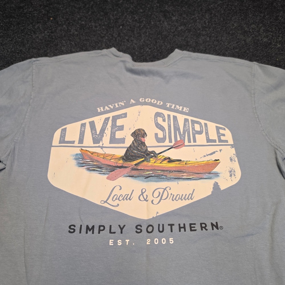 Simply Southern Live Simple Dog Kayak Graphic T-Shirt Blue Mens Small
